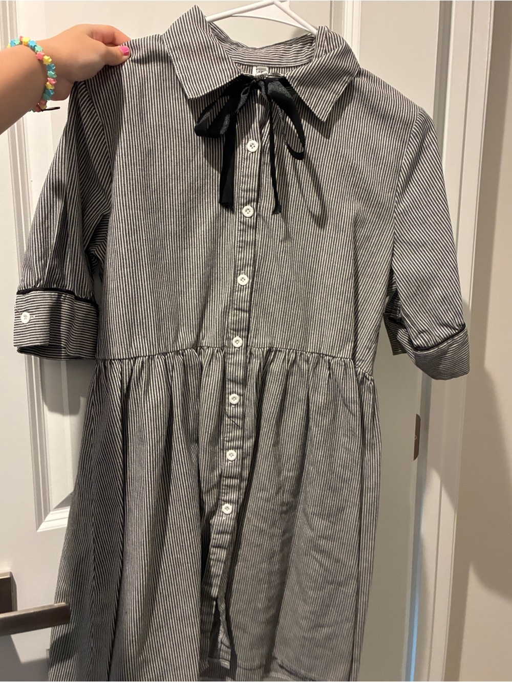 Formal Black & White Striped Button-Front Women’s Dress with Bow